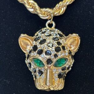 Gold Leopard Head Pendant Necklace with Green Crystal Eyes NWOT